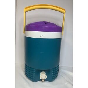 VTG Retro 1995 Igloo 2 Gallon Push Spout Cooler/Jug Purple Teal Yell Made In USA